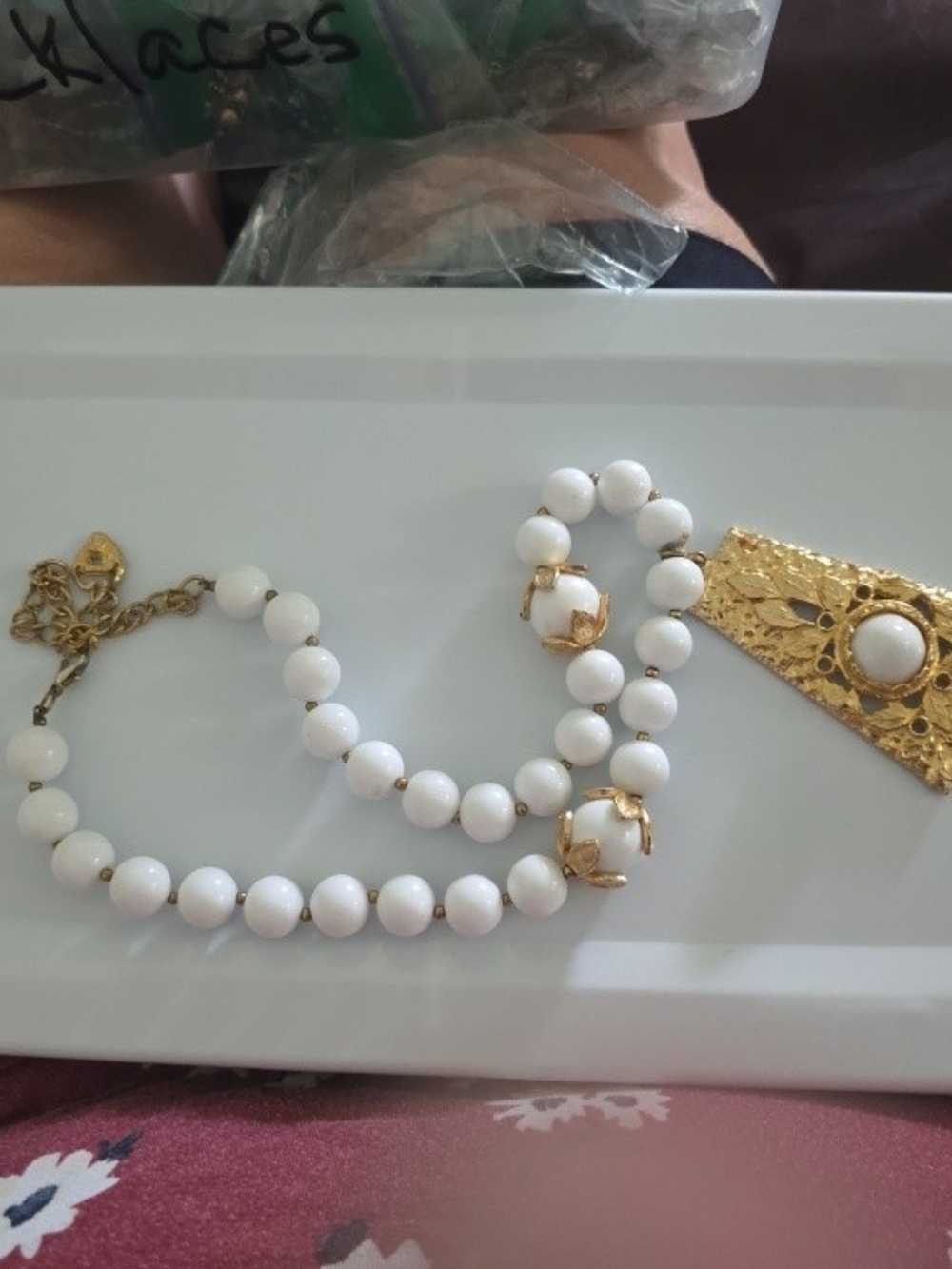 Classic White Beaded Necklace with Gold Accents